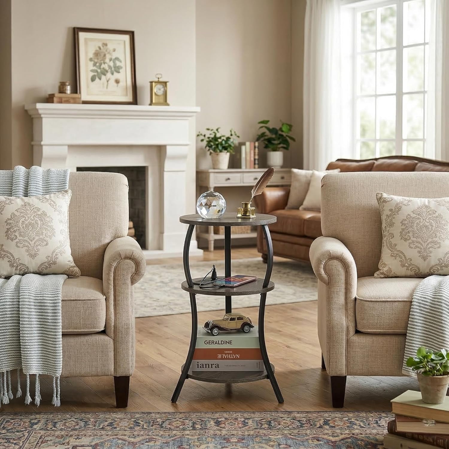 ZEXVIDA Round Side Table with Charging Station, 3-Tier Circular End Table and Compact Sofa Side Table, Gray