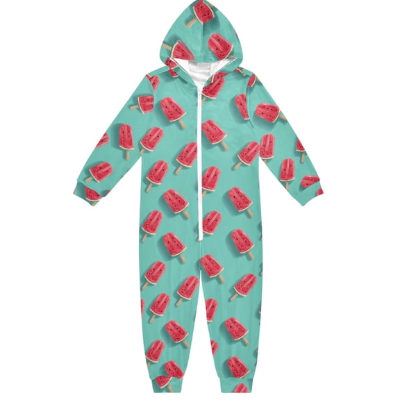 Soft Big Kids Onesie Pajamas Cozy Loose-Fit Jumpsuits for kids with Pockets for Christmas Lounge & Play Watermelon Popsicle Pattern