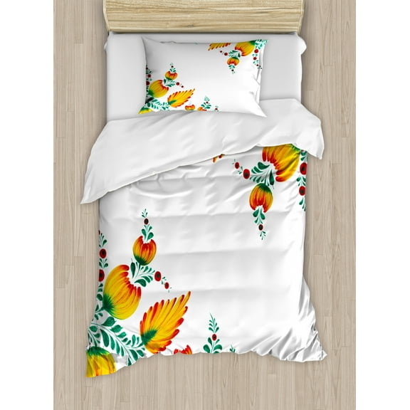 Traditional House Decor Twin Size Duvet Cover Set, Motivational Quote with Ornate Japanese Watercolor Flower Motif, Decorative 2 Piece Bedding Set with 1 Pillow Sham, Orange Green, by Ambesonne