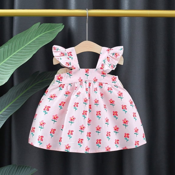 Vedolay Spring Dress Girls' Summer Floral Dress Kids Puff Sleeve Square Neck Smocked Flowy Sun Dresses,Pink 12-18 Months