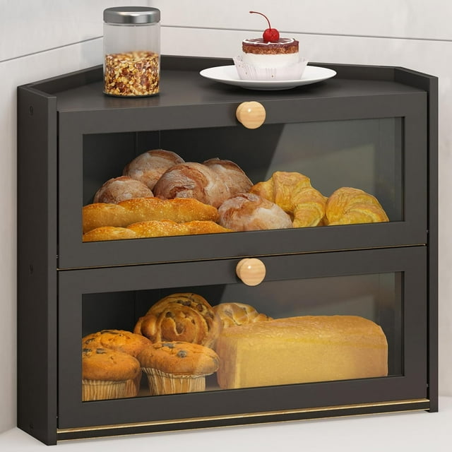 Corner Black Bread Box for Kitchen Countertop, Large Wooden Bamboo Bread Container Farmhouse Bread Box with Window and Bread Holder