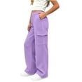 thumbnail image 5 of Girls Fleece Lined Sweatpants Wide Leg Cargo Sweatpants Elastic Waist Multi Pocket Casual Trousers, 5 of 8