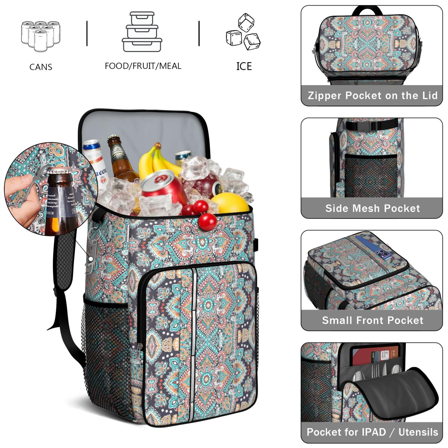 Travel Cooler Bag - Boho Bohemia Flower Camping Beer Cooler Backpack with Bottle Opener- Waterproof Insulated Picnic Backpacks - Cooler Bag for Beach