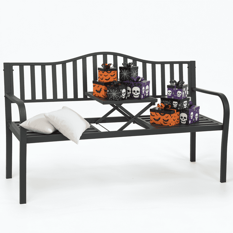 Naipo 59-Inch Metal Garden Bench with Built-In Table, Gray photo 3