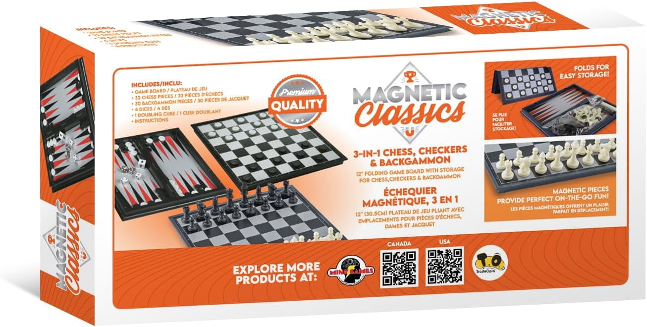 Tradeopia Magnetic Classics – 12 Inch Magnetic 3 in 1 Chess, Checkers & Backgammon Classic Game