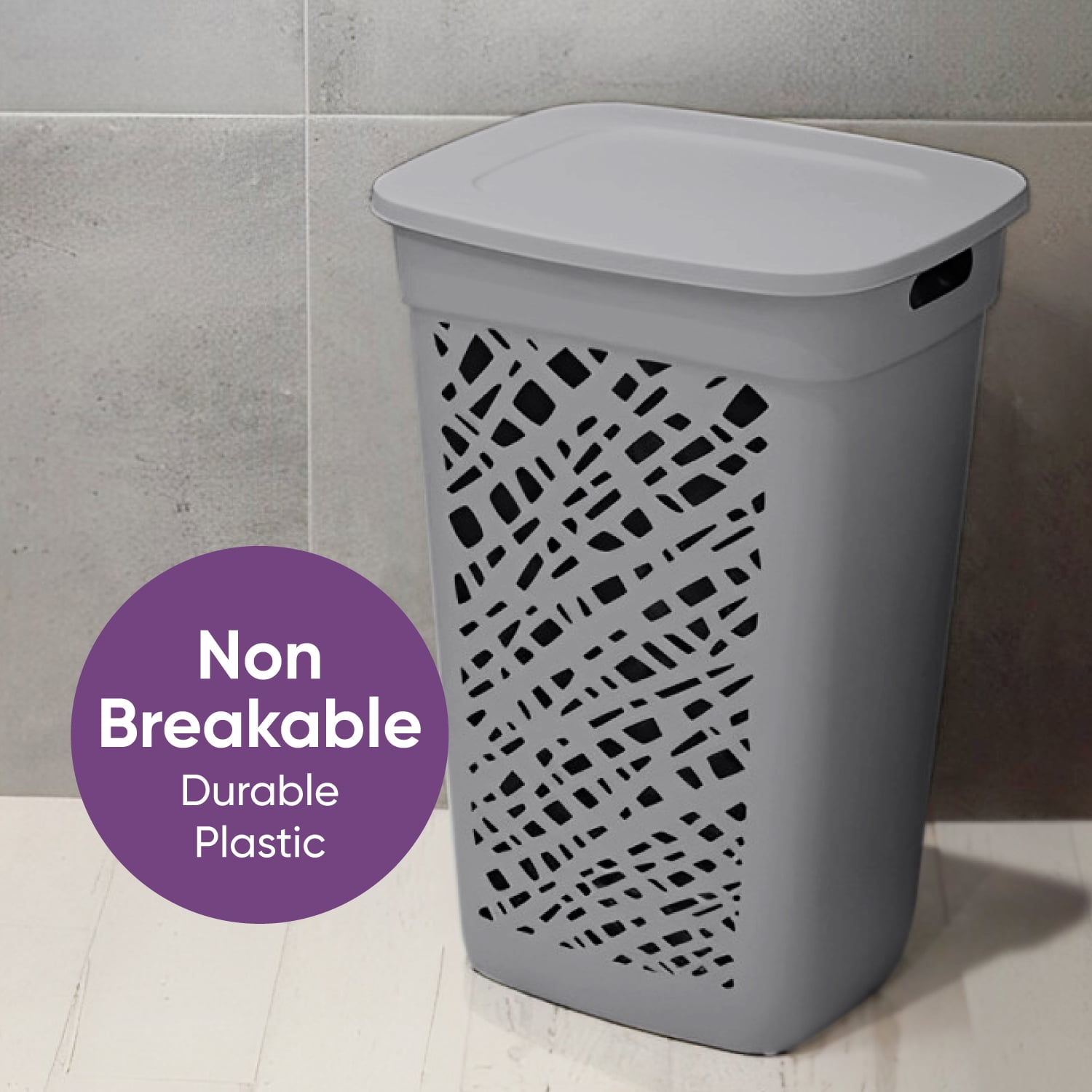 Non-Breakable Mosaic Hamper, 60L -Dark Gray, Elegant Design, Vented Laundry Basket, Made in France