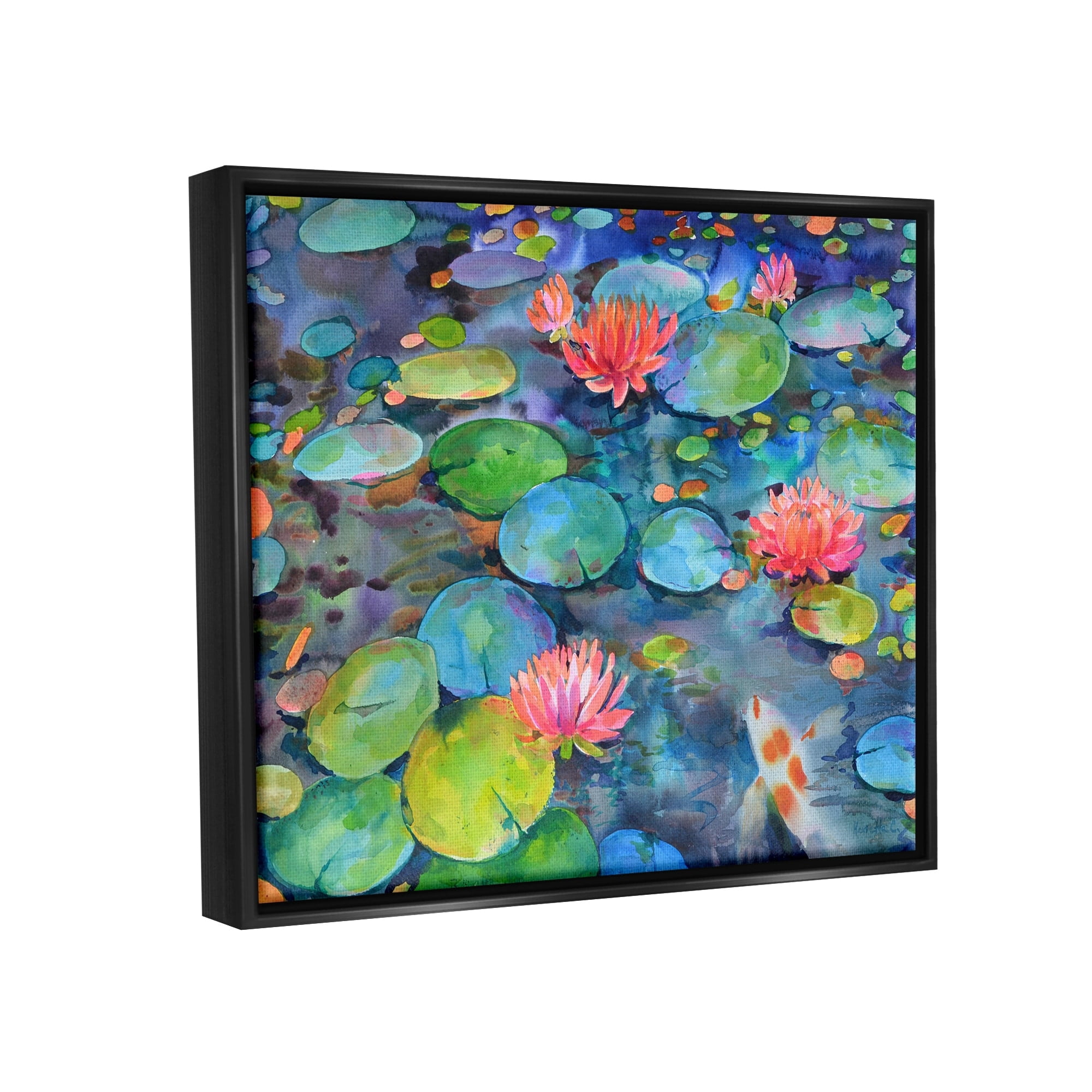 Stupell Industries Vivid Pond Lily Lotus Blossom Koi Fish Pond Painting Jet Black Floating Framed Canvas Print Wall Art, Design by Marietta Cohen Art and Design