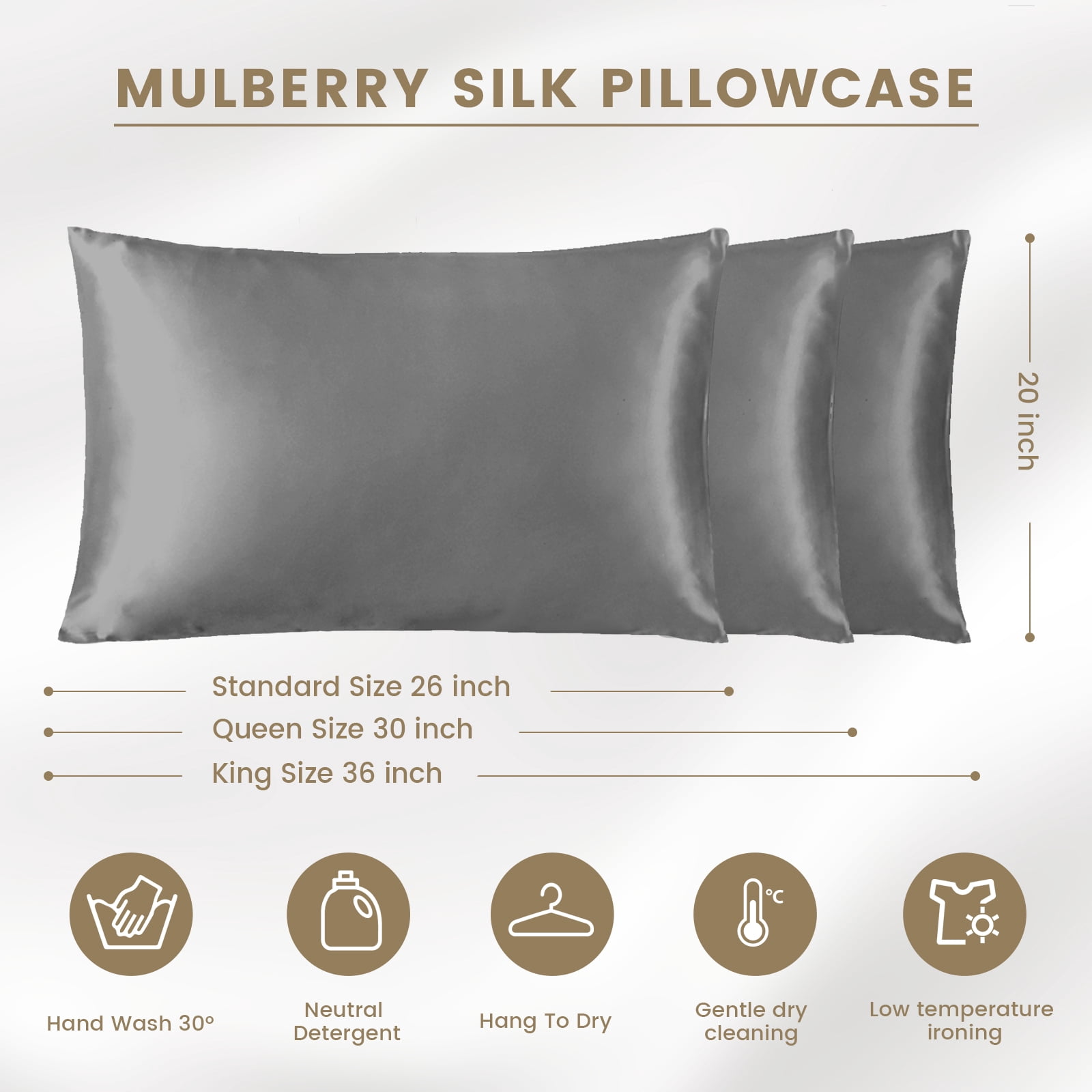 THXSILK Silk Pillowcase, 19 Momme Zippered Silk Pillowcase with Cotton Underside, 100% Pure Mulberry Silk Pillowcase, 1Pcs, King Size(20"x36"), Gray
