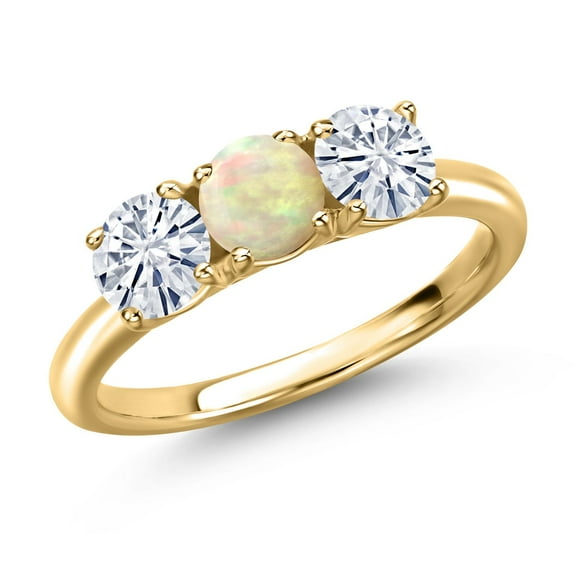 Gem Stone King 18K Yellow Gold Plated Silver White Ethiopian Opal and White Moissanite Engagement Ring for Women | 1.30 Cttw | Round Cabochon 5MM | Gemstone October Birthstone | Size 6