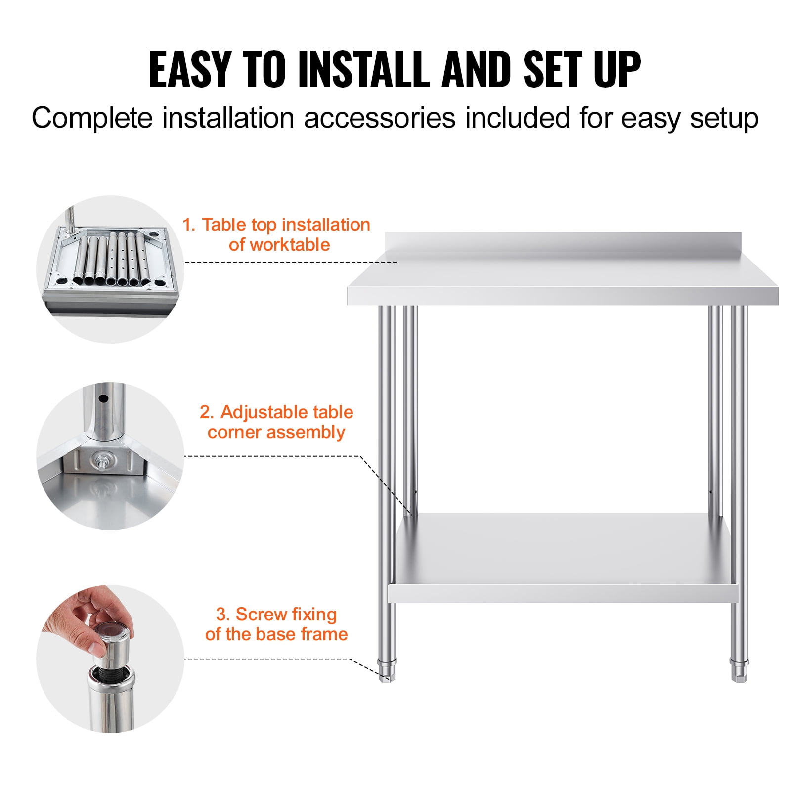 KFFKFF 24x36x36 Inch Metal Work Table, Durable Stainless Steel Work Table for Commercial Kitchen Use, Adjustable Height, Suitable for Restaurants, Homes, and Hotels