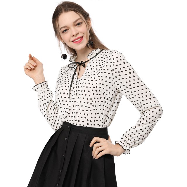 INSPIRE CHIC Women's Tie Ruffled Neck Blouse Long Sleeves Tops M White-Polka Dots