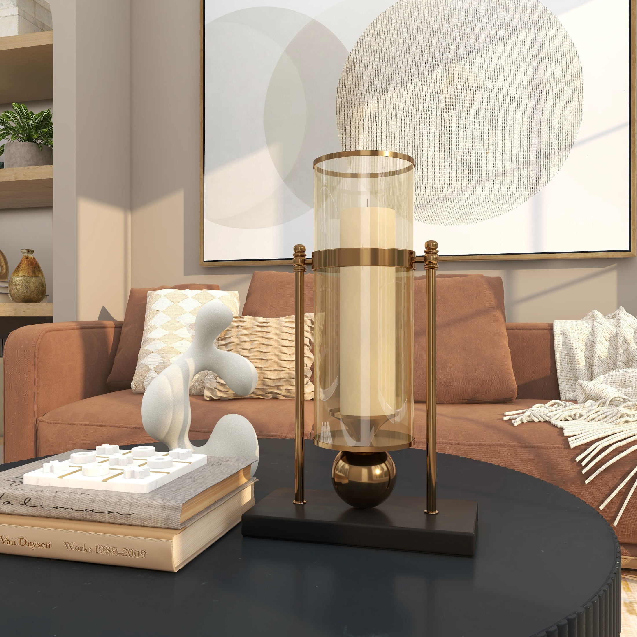 CosmoLiving by Cosmopolitan Gold Metal Iridescent Pillar Hurricane Lamp with Ball Accent and Black Base