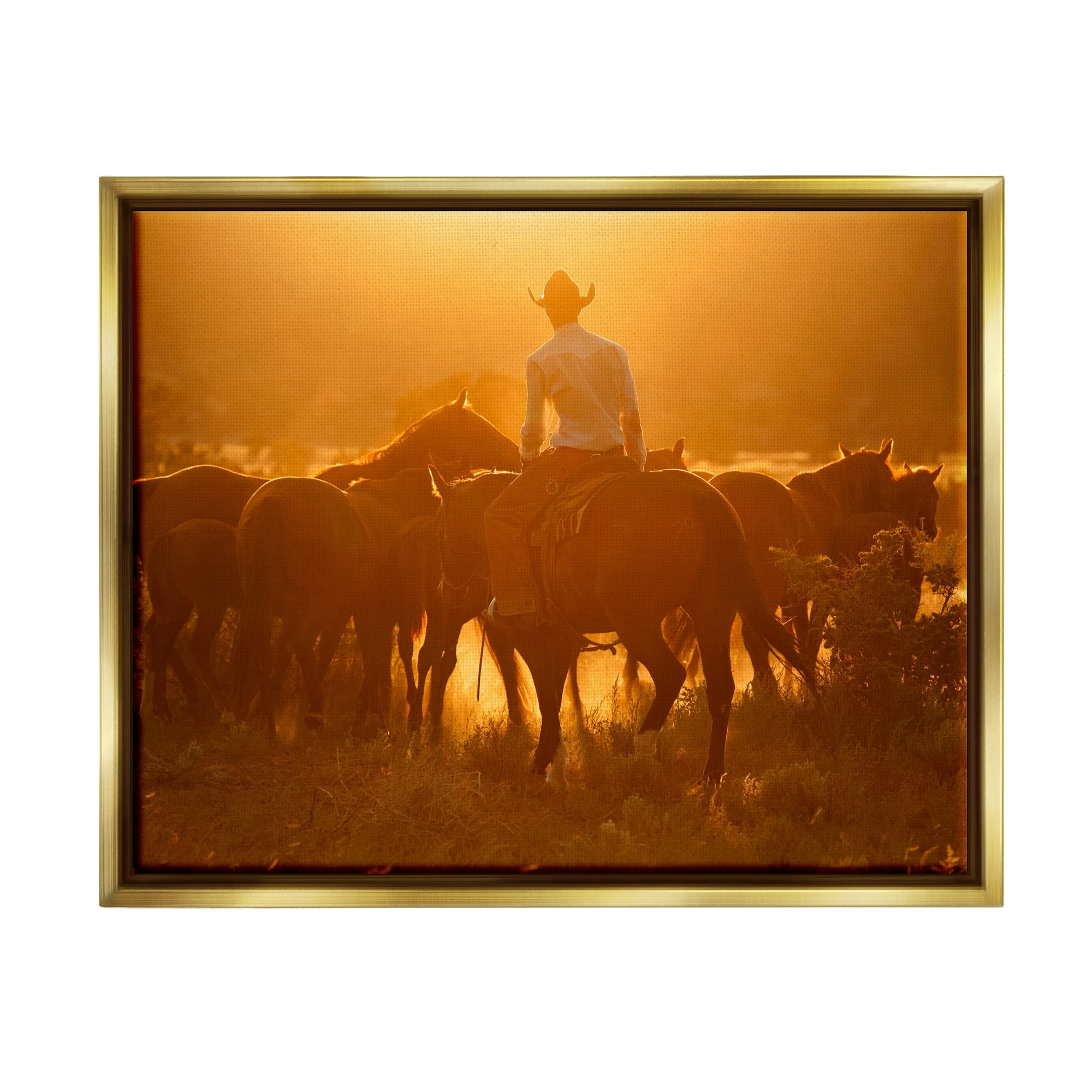 Stupell Industries Warm Sunlit Cowboy Riding Horse Rural Ranch Photograph Metallic Gold Floating Framed Canvas Print Wall Art, Design by Lisa Dearing