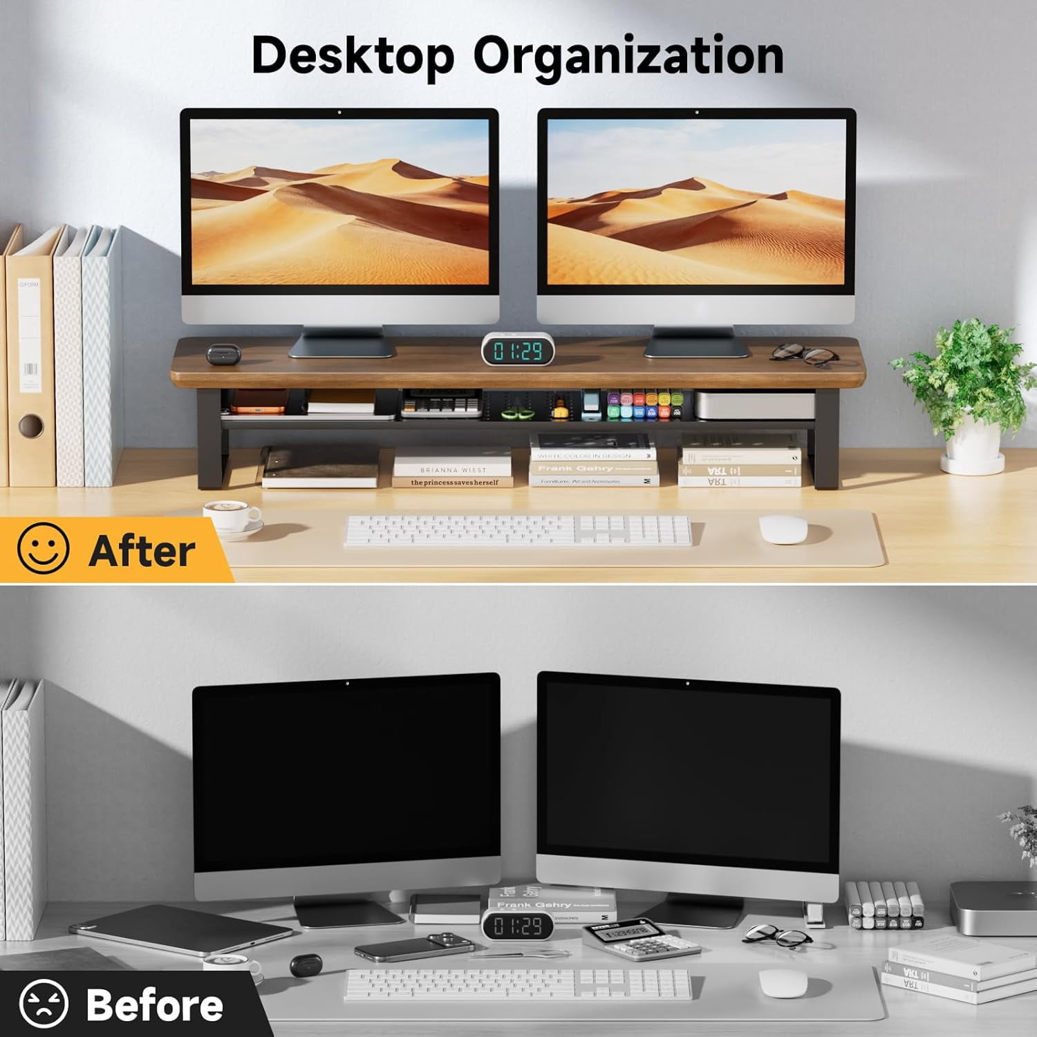 Dual Monitor Stand Riser with Storage, 35.4 Inch Wood Desk Shelf for 2 Monitors Laptop TV Organizer, Ergonomic Computer Stand Black Walnut