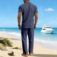 thumbnail image 5 of LNZGNM Men's 2 Piece Cotton Linen Outfits Short Sleeve Button Down Breathable Shirts Loose Beach Pants with Pockets Casual Summer Outfits,Navy L, 5 of 5
