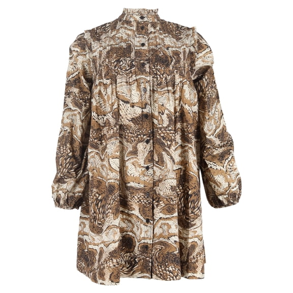 Pre-Owned Ganni Printed Pintucked Mini Dress in Brown Cotton