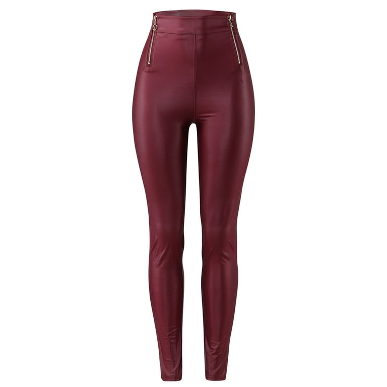 Women Solid High Waist Zipper Pants Trousers Slim Pocket Leather Pants Note  Please Buy One Or Two Sizes Larger 