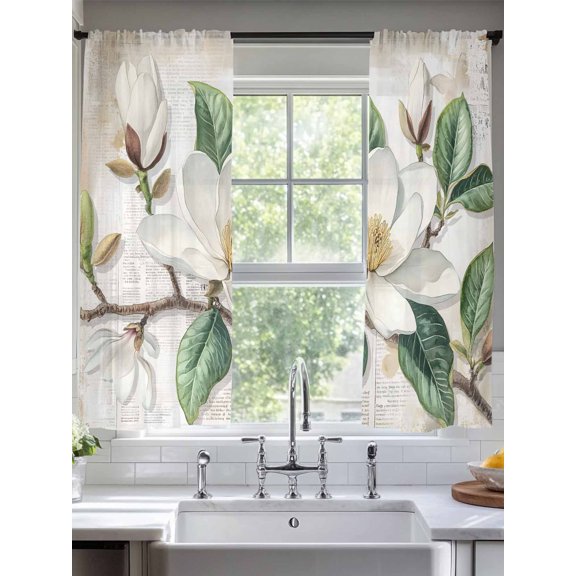 Flowers Leaves Sheer Curtains for Living Room Bedroom Farmhouse White Botanical Magnolia Retro Sheer Curtains 63 Inch Long 2 Panels Set Light Filtering Curtain Window Treatments Drapes