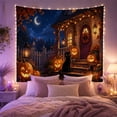 thumbnail image 2 of Black Cat on Cottage Porch with Pumpkins and Crescent Moon, Cozy Gothic for Cat Lovers, Halloween Porch Decor, Halloween Gift, Tapestry Wall Hanging for Bedroom and Dorm, 2 of 6