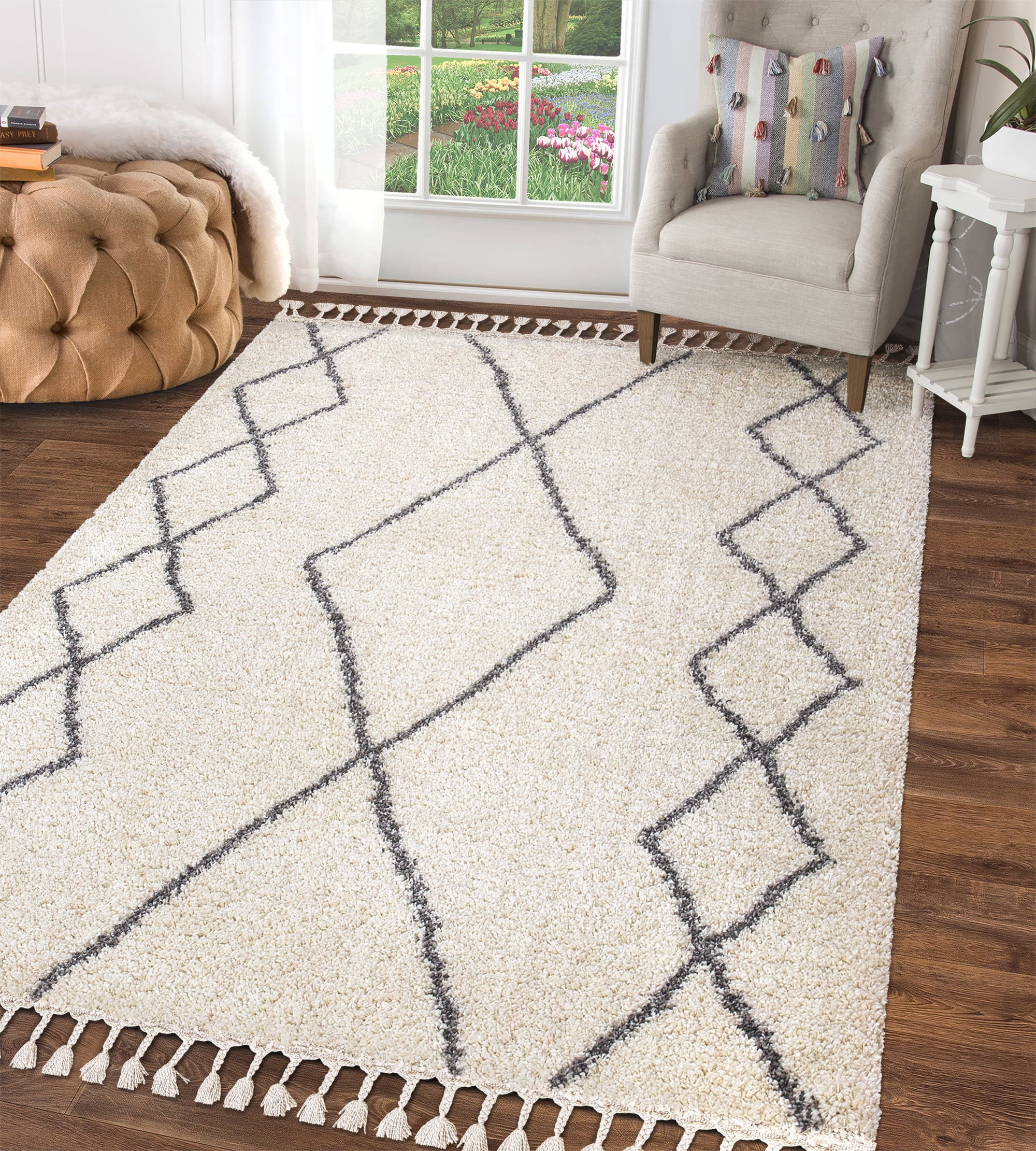 Long Narrow Cream Trellis Shaggy Runner Rugs Soft Non Shed Cosy Hallway Runners 