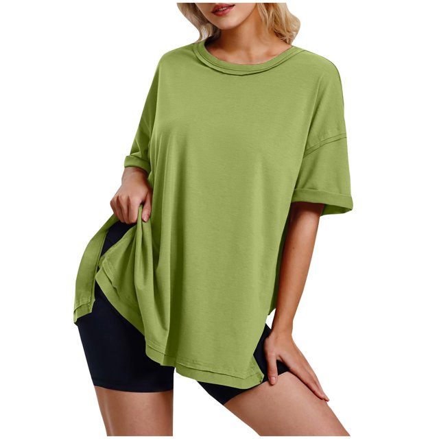 Diufon Women's Oversize Tops Spring Summer Short Sleeve Pullover Crewneck Shirts Casual Loose Slit Blouse
