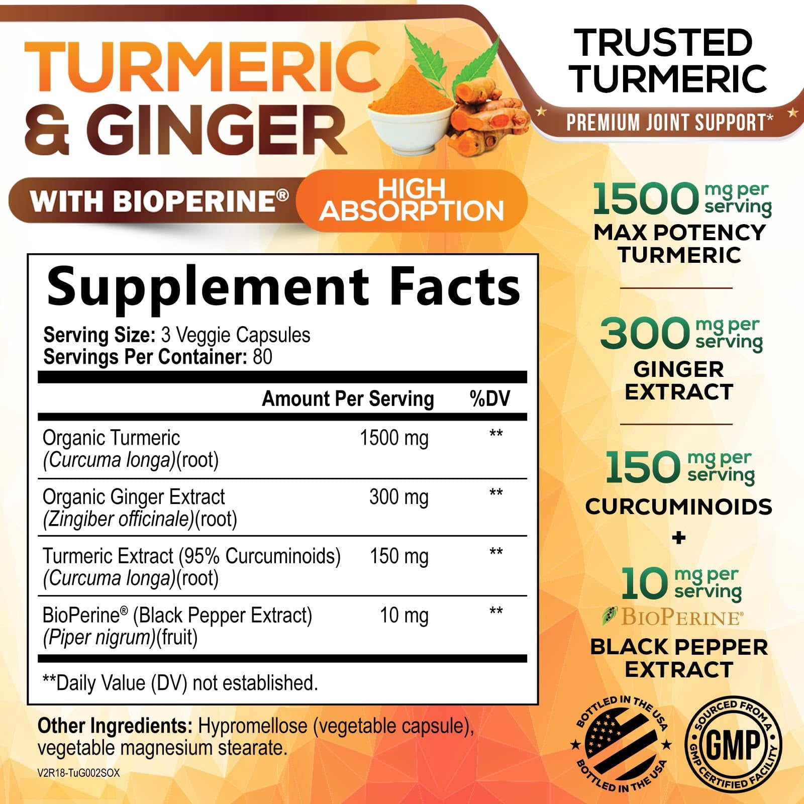 Turmeric Curcumin Supplement - 95% Curcuminoids with Organic Turmeric & Ginger, BioPerine Black Pepper Extract for Best Absorption, Natural Vegan Joint Support, Non-GMO, Bottled in USA - 240 Capsules