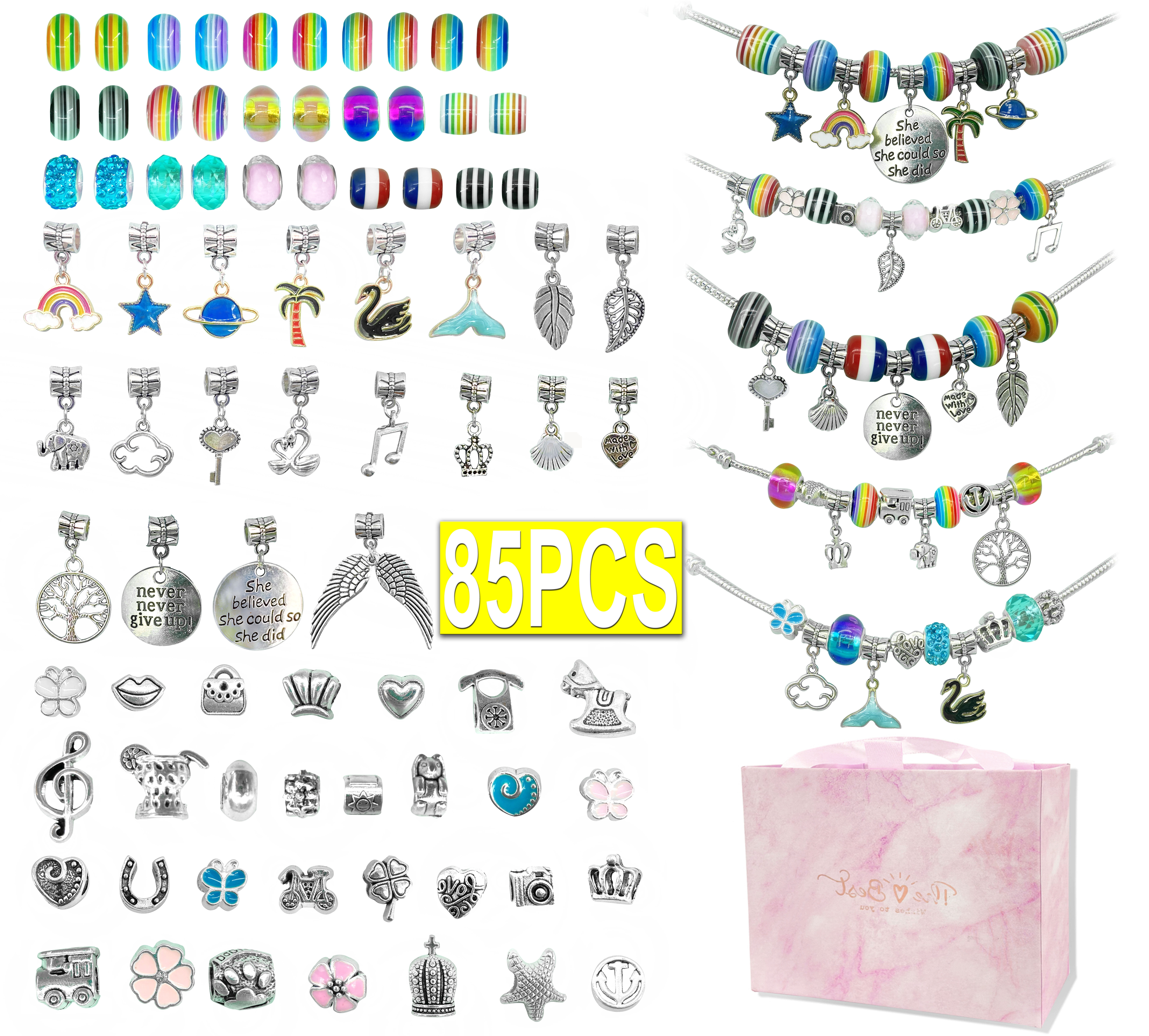 Bracelet Making Kit for Girls 85PCs Charm Bracelets Kit with Beads Jewelry Charms Bracelets for DIY Craft Jewelry Gift for Teen Girls