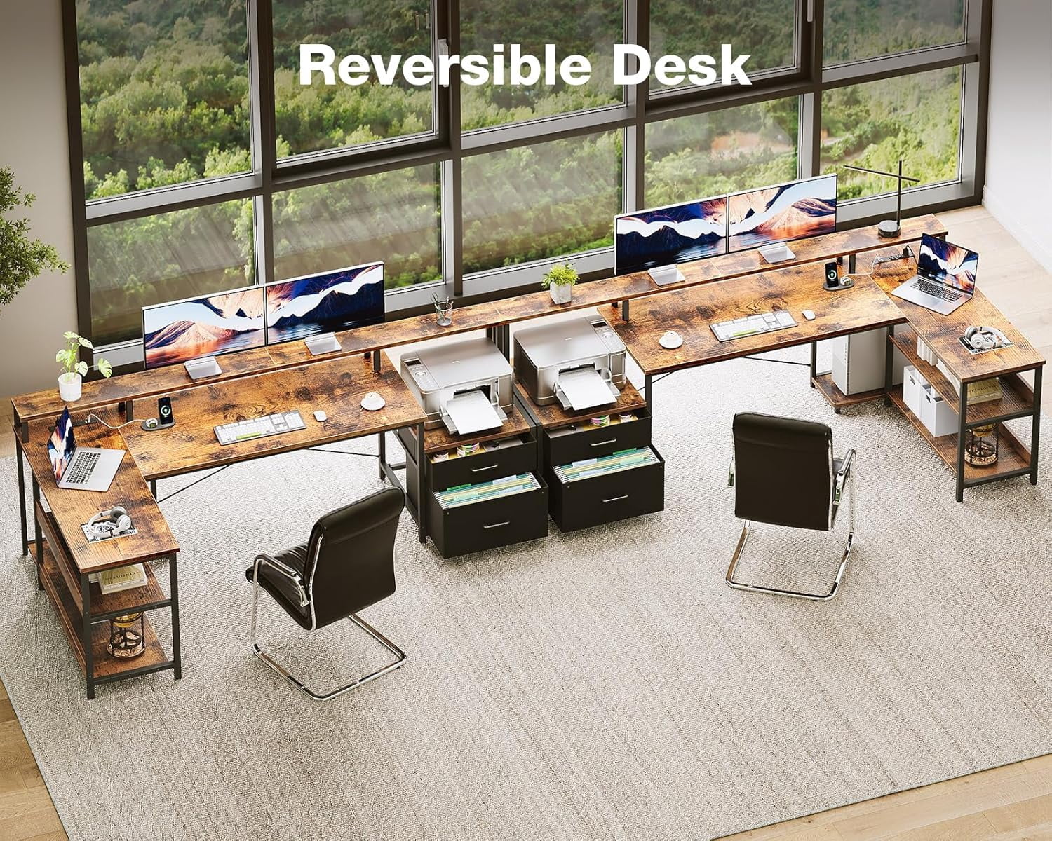 AODK 75" L Shaped Computer Desk with Power Outlet & File Drawers, Reversible Corner Desk for Home Office, Gaming & Remote Work, Includes Storage Shelves & Monitor Stand, Vintage