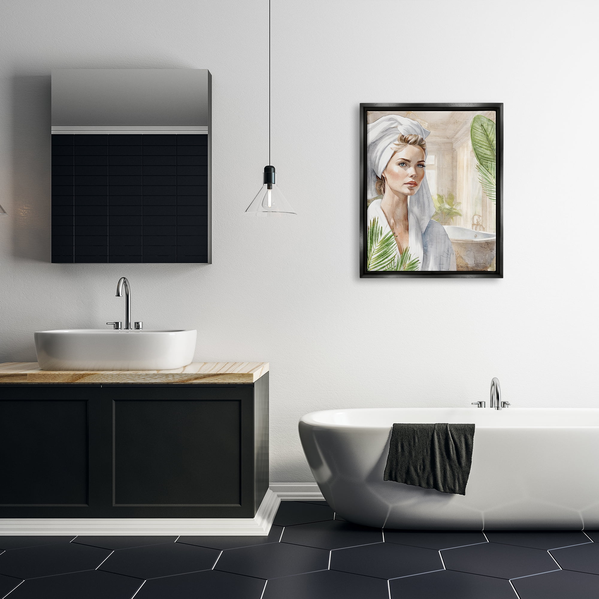 Stupell Industries Fashionista Bathroom Portrait Abstract Painting Black Floater Framed Canvas Art Print Wall Art, 25 x 31