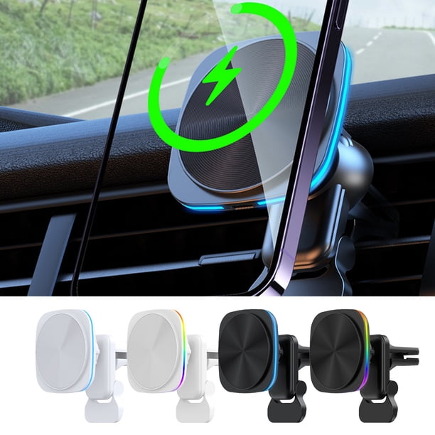 Cargador inalámbrico para coche de 15 W, luz ambiental RGB, compatible con carga inalámbrica para iPhone, diseño plegable y portátil, estructura metálica, ideal para el dormitorio.