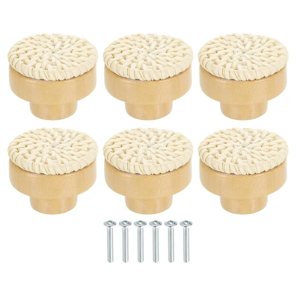 Uxcell 6 Pack Rattan Dresser Knobs, 1.57" Handmade Wicker Woven Drawer Knobs Round Beech Wood Cabinet Knobs with Screws for Furniture Wardrobe Cupboard, White
