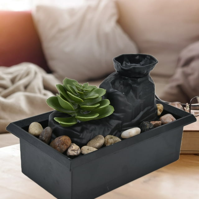 Fountain Ornament, Succulent Water Fountain Garden Sculptures Statues With LED Light For Indoor Table Decoration