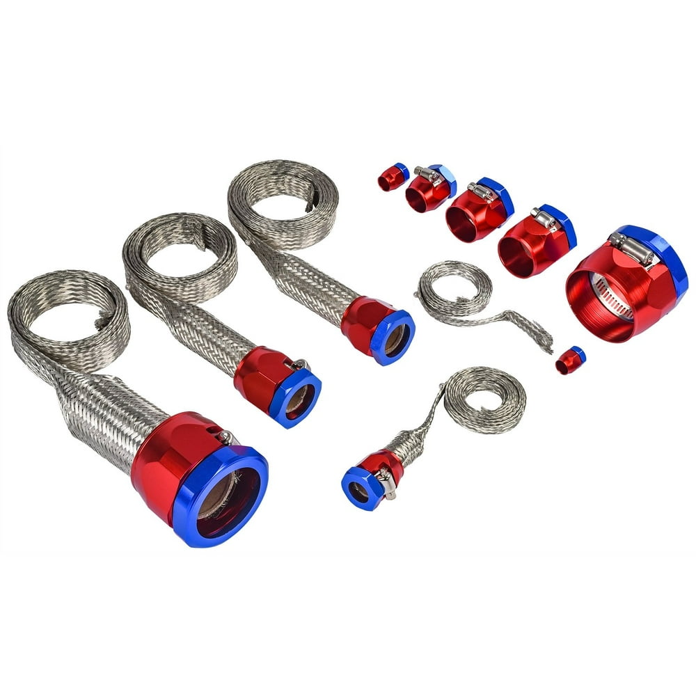 JEGS 50533 Braided Hose Sleeving Kit with Clamps [Red and Blue Anodized