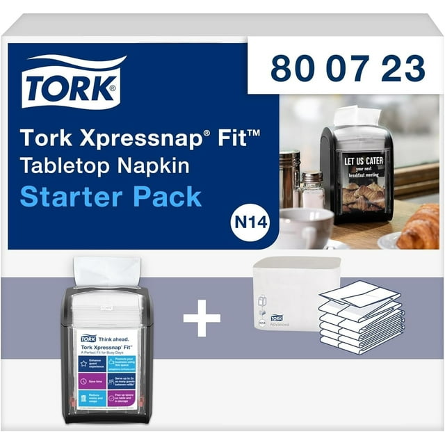 Tork - 800723 Xpressnap Fit Tabletop Napkin Dispenser Starter Pack – N14 Dispenser for Restaurants Include 2 x 720, 2-Ply, Natural Napkin Refill Packs