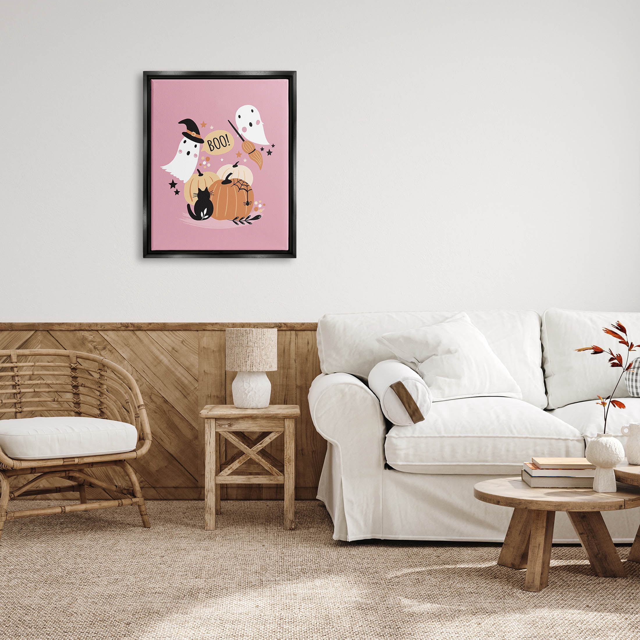 Pink Boo Halloween Ghosts Holiday Graphic Art Jet Black Framed Art Print Wall Art