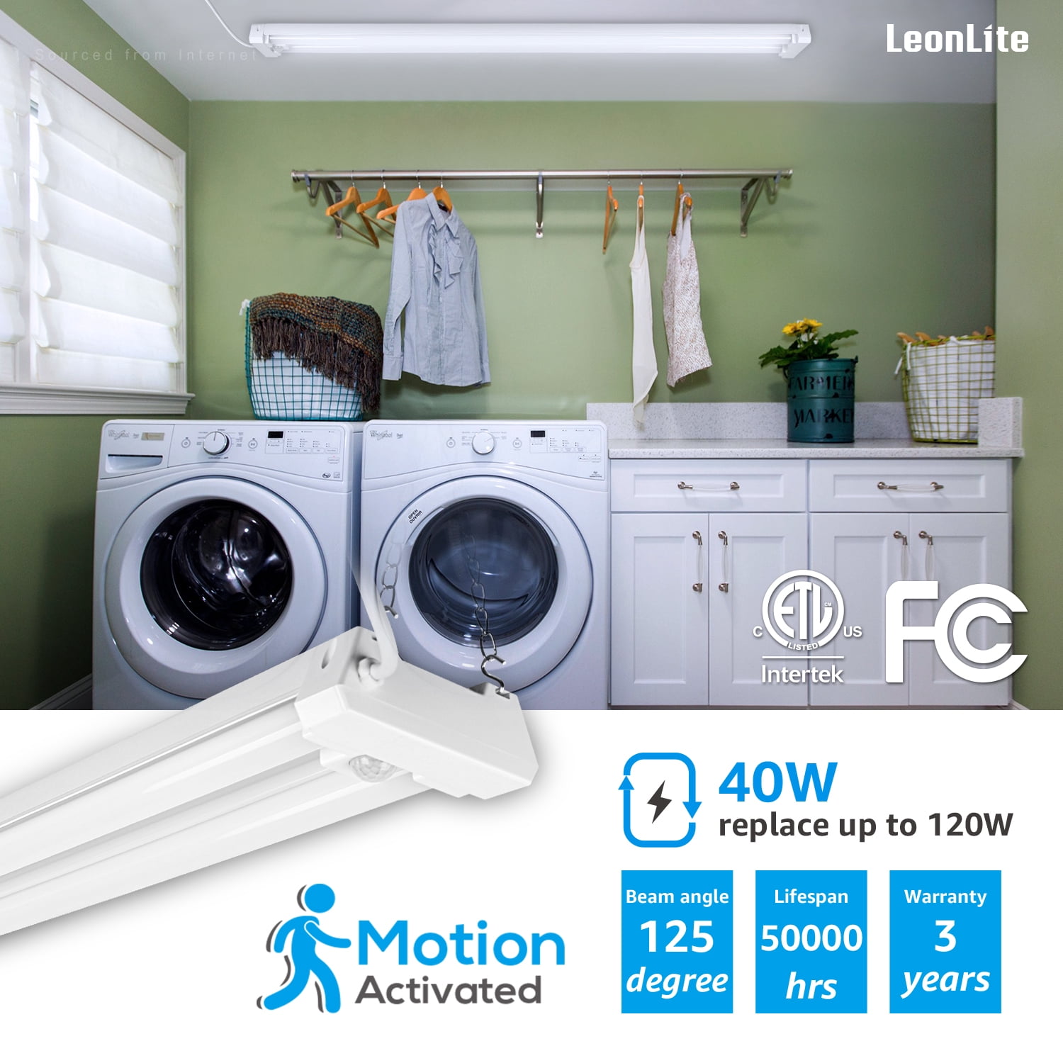 2 Pack Motion Sensor 4FT LED Utility Shop Light, 40W Plug in Linkable Light Fixtures, 5000K Daylight
