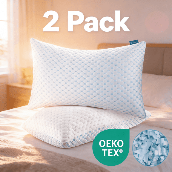 King Size Mattress Pillow, Cooling Memory Foam Bed Pillow for King Mattress, Adjustable Shredded Foam, Soft Support for Side Back Stomach Sleepers, Breathable Cover