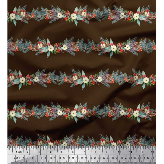 Soimoi Brown polyester Crepe Fabric Pine Leaves & Floral Stripe Printed Fabric 1 Yard 42 Inch Wide