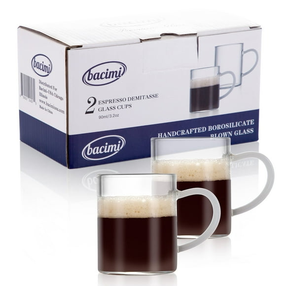Bacimi Tazas Mini para Espresso Transparentes con Asas Blancas - Juego de 2 / 3 Oz / 90 ML - Vidrio de Borosilicato de 3 Mm - Aptas para Lavavajillas y Microondas