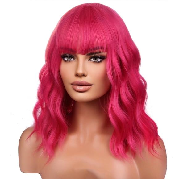 BERON Peluca rosa fuerte de 14 pulgadas, peluca corta y rizada, peluca sintética para mujer y niña, peluca rosa roja con peluca con flequillo, gorro incluido