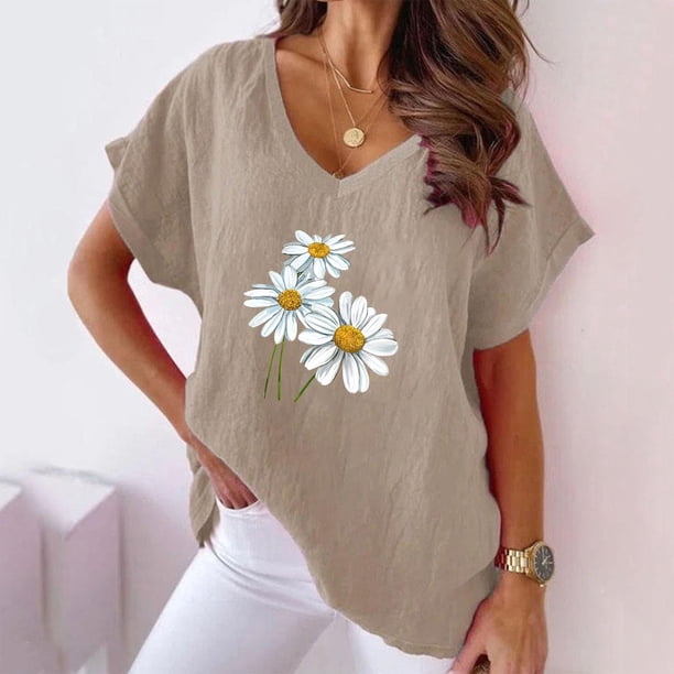Fiudx Liquidación de Ofertas Flash Camiseta de Manga Corta con Mangas Informales de Algodón y Cáñamo con Cuello En V y Estampado de Girasoles para Mujer