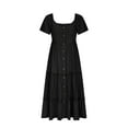 thumbnail image 3 of CFLVAEK Classic Solid Color Summer Dresses for Women Casual V Neck Shirt Dresses Flowy Botton Beach Dress Tiered Smocked Solid Dresses with Short Sleeve Black S, 3 of 5