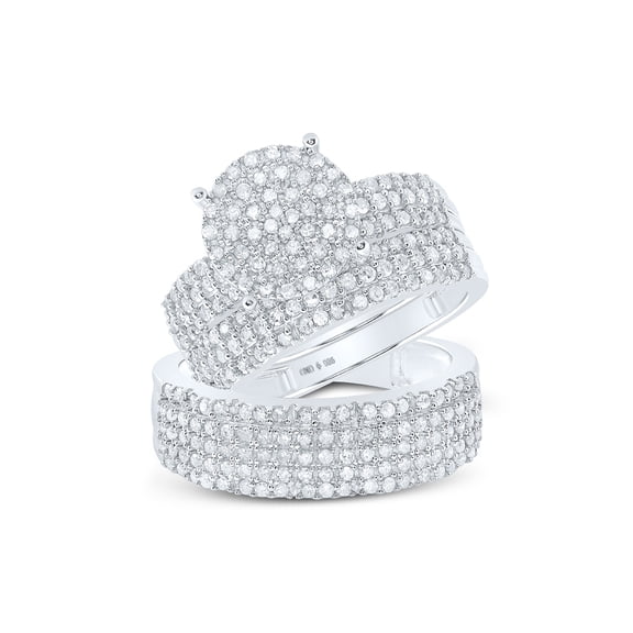 Sterling Silver His Hers Round Diamond Cluster Matching Wedding Set 1-3/8 Cttw