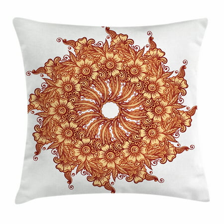 Henna Throw Pillow Cushion Cover, Eastern Civilization Inspired Floral Tattoo Design Mehndi Motif Illustration, Decorative Square Accent Pillow Case, 18 X 18 Inches, Mustard Dark Orange, by