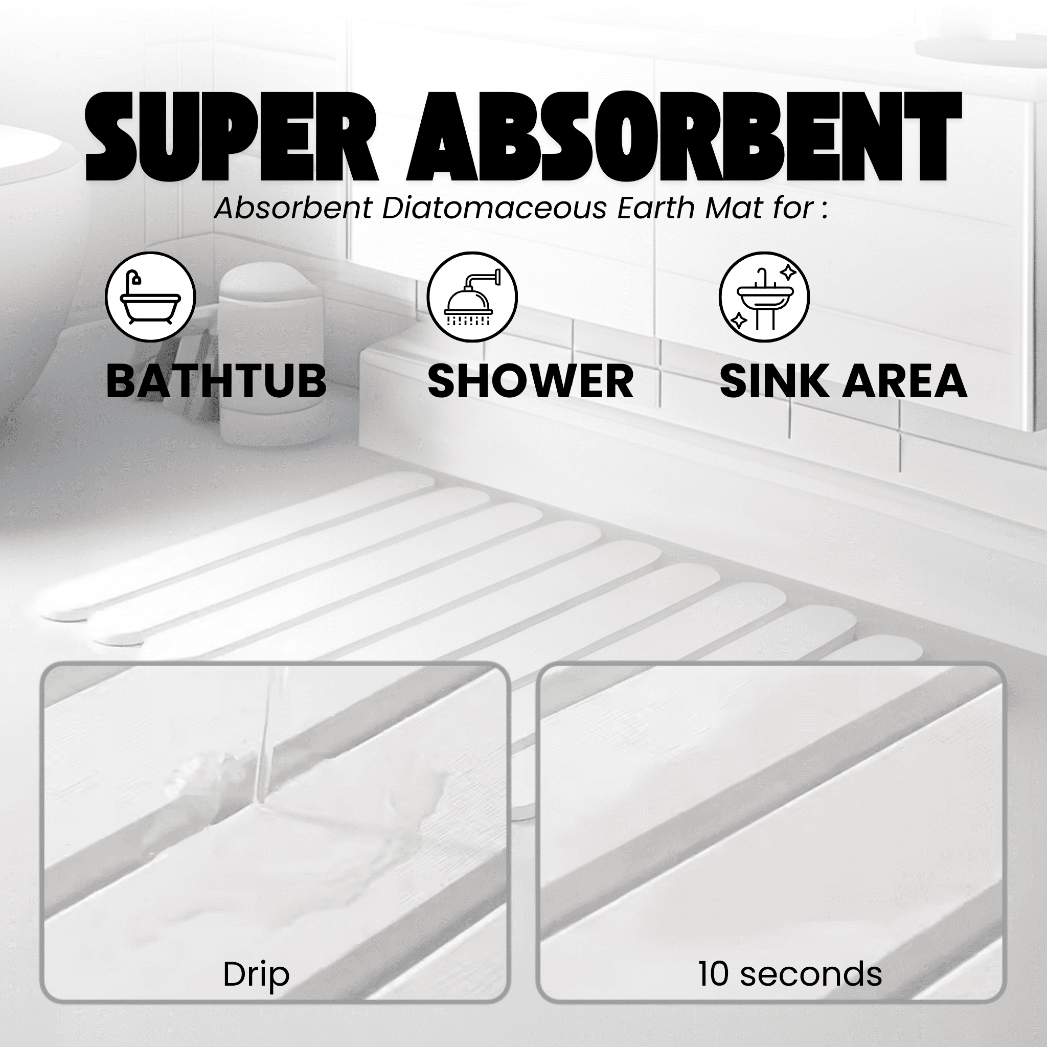 Large Stone Bath Mat 24"x16" – Foldable Quick Dry Diatomaceous Earth Shower Mat, Fast Absorbent Non-Slip Bathroom Floor Pad – White
