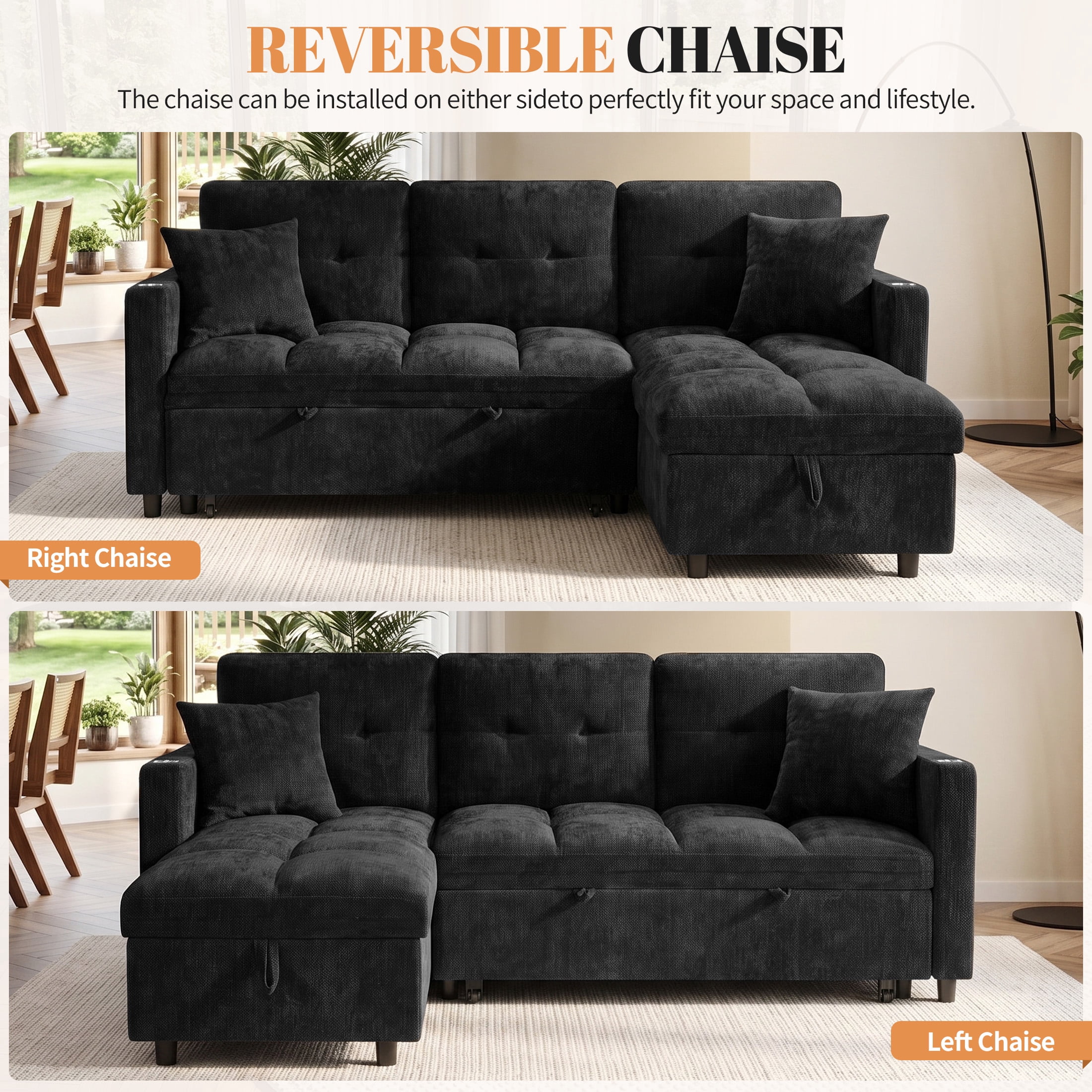 Aukfa 81" L Shape Sleeper Sectional Sofa Bed, Chenille Convertible Couch with Storage Chaise, Side Table & USB/Type-C Ports,Black