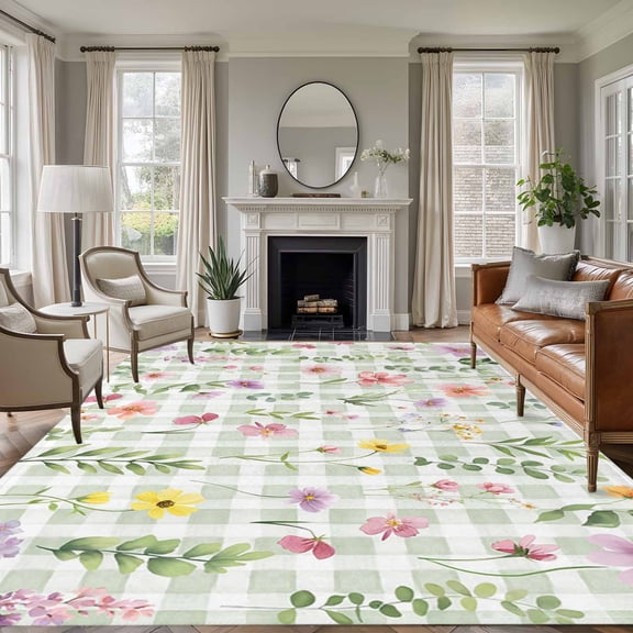 5x7 Area Rugs for Living Room, Spring Floral Non Slip Area Rugs for Kitchen Bedroom Entryway, Pink Flowers Green Plaid Pastoral Washable Carpet Runner Rug Floor Mats for Bedroom Home Decor