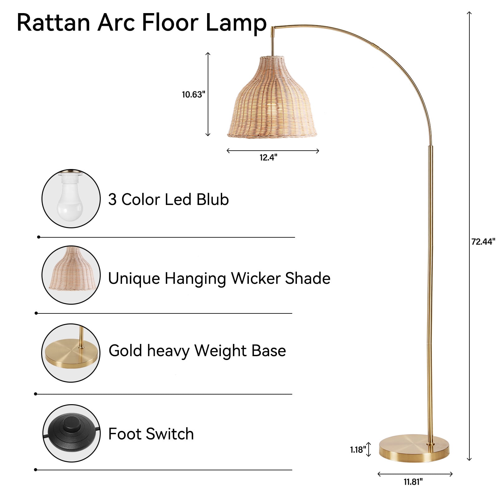 SUNMORY 72 inch Arched Rattan Floor Lamp, Fabric Retro Boho Farmhouse Rustic Standing Lamp for Living Room, Bedroom, Office, 9W & Foot Switch &  3 Color Temperature, Gold