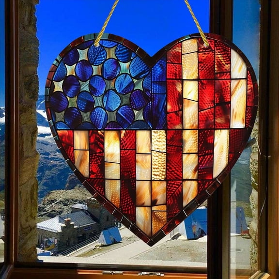 Aminojy Double Sided 4th of July Window Hanging Decor - Patriotic American Flag Suncatcher with Red White Blue Acrylic, Outdoor Holiday Ornaments for Home Door Wall Decor