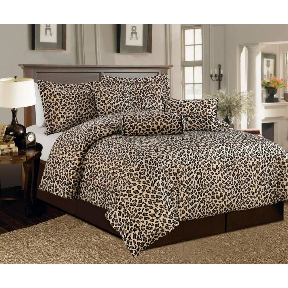 Legacy Decor 7 Pc Brown and Beige Leopard Print Faux Fur, Cal King Size